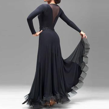 Classic Black Long Ballroom Practice Dress w/ Mesh Insert PRA 056_SALE