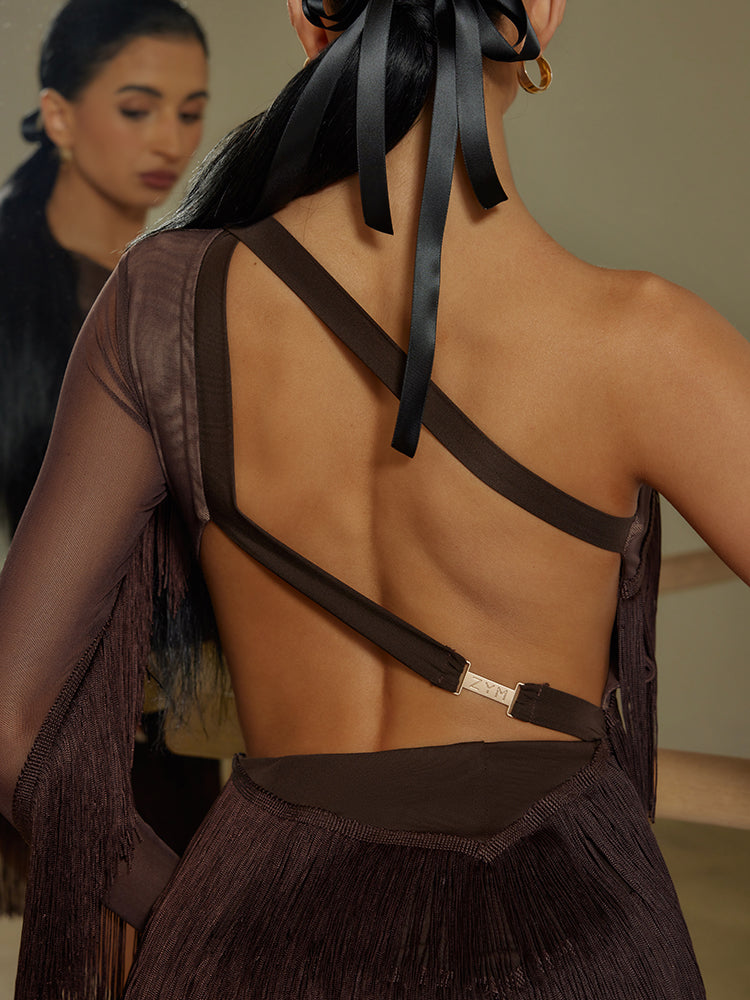 Open back on women's brown Latin dance dress