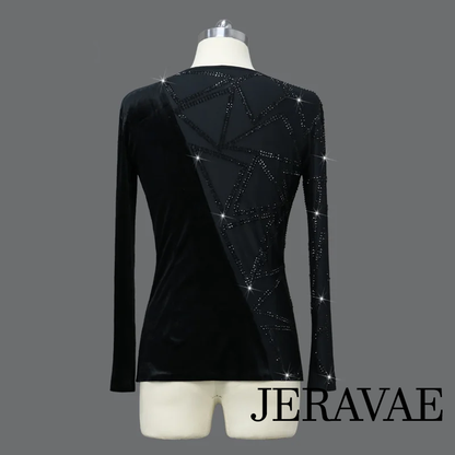 Men's Black Tuck Out Latin Shirt with Velvet Detail, Rhinestone Design, and Long Sleeves M096 in Stock