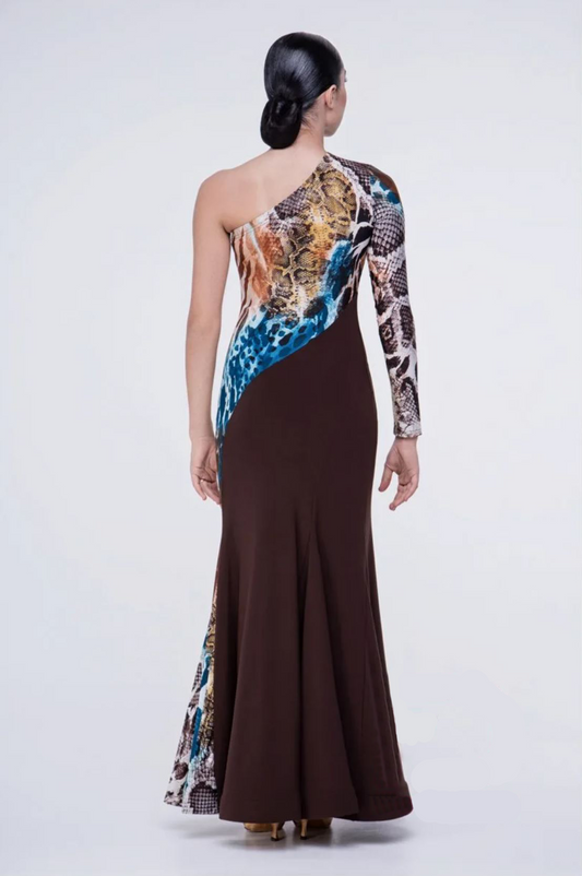 Women's one long sleeve ballroom dance dress with printed animal pattern