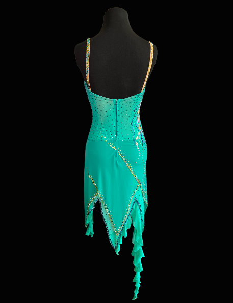 Resale Artistry in Motion Turquoise Latin Dress with Attached Necklace Detail, Front Sash, and Asymmetrical Skirt Sz S Lat230
