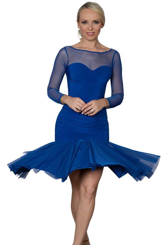 Women's blue Latin practice dress with mesh skirt
