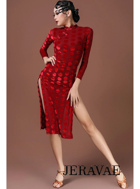 Velvet Polka Dot Red Latin Practice Dress with Slit in Skirt and Open Back PRA 756_SALE