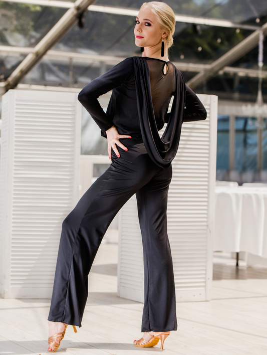 Body Positive Senga Dancewear FORRO Black Long Sleeve V-Neck Jumpsuit with Wide Leg Pants, Mesh Back, and Sash Sizes XL-4XL PRA 992 in Stock