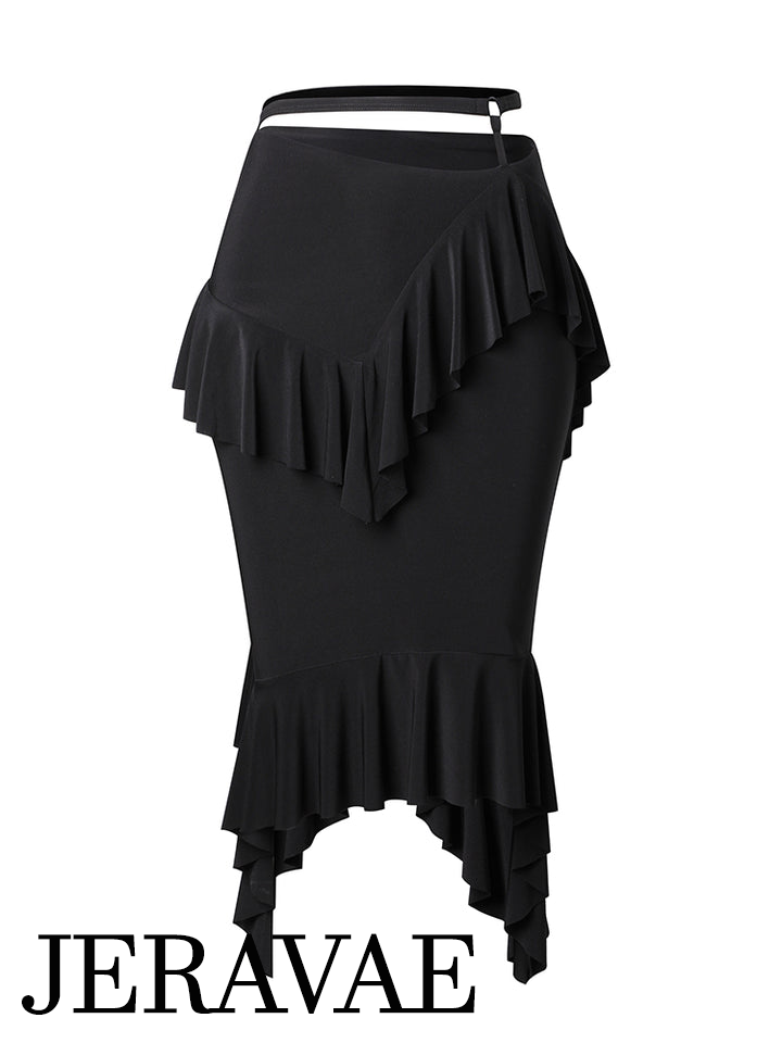 ZYM Dance Style Bloom & Breath Skirt #2345 Ruffled Black Latin Practice Skirt with Asymmetrical Hem PRA 1019 in Stock
