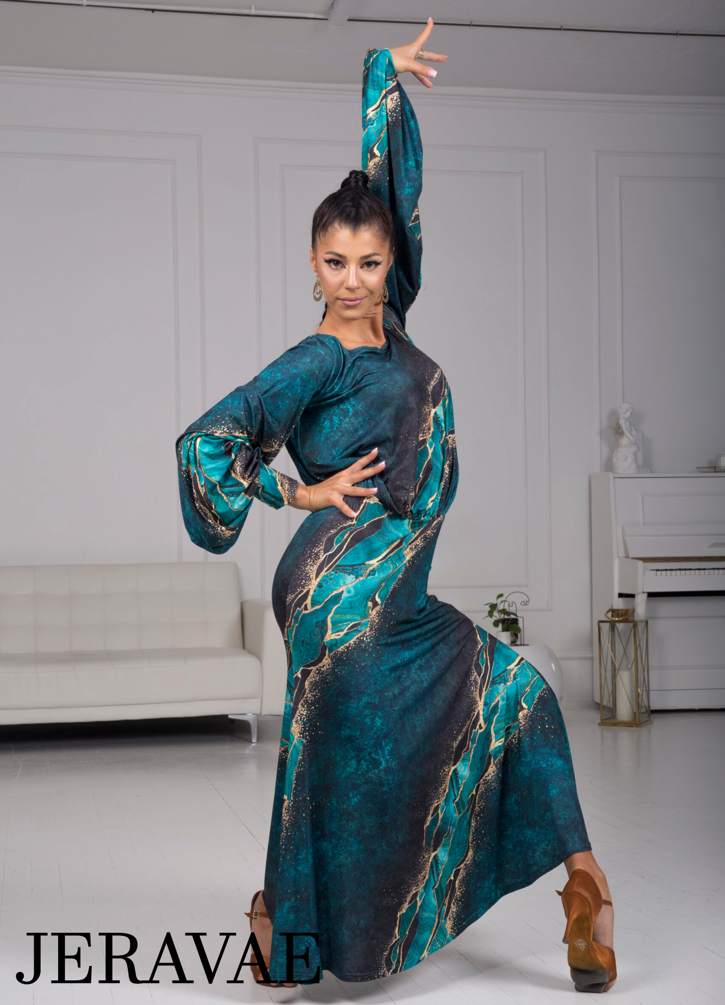 Body Positive Senga Dancewear TRIBAL Turquoise and Gold Pattern Ballroom Practice Dress with Lantern Sleeves and Elastic Waistline in Sizes XL-4XL PRA 968 in Stock