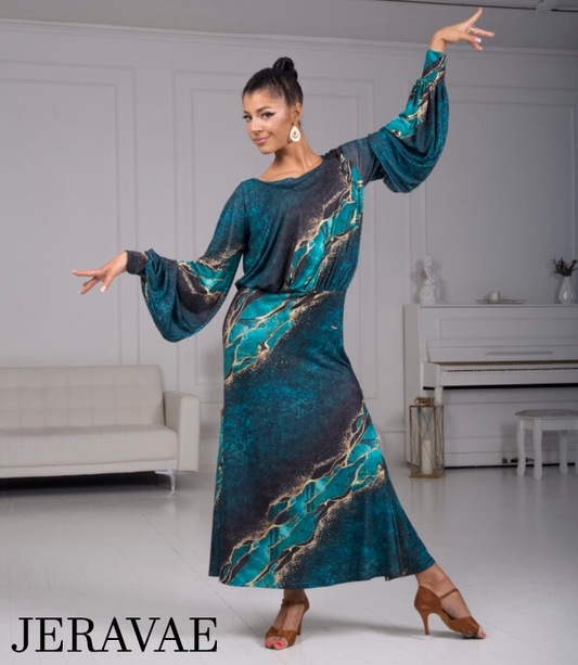 Body Positive Senga Dancewear TRIBAL Turquoise and Gold Pattern Ballroom Practice Dress with Lantern Sleeves and Elastic Waistline in US Sizes 0-18 PRA 968