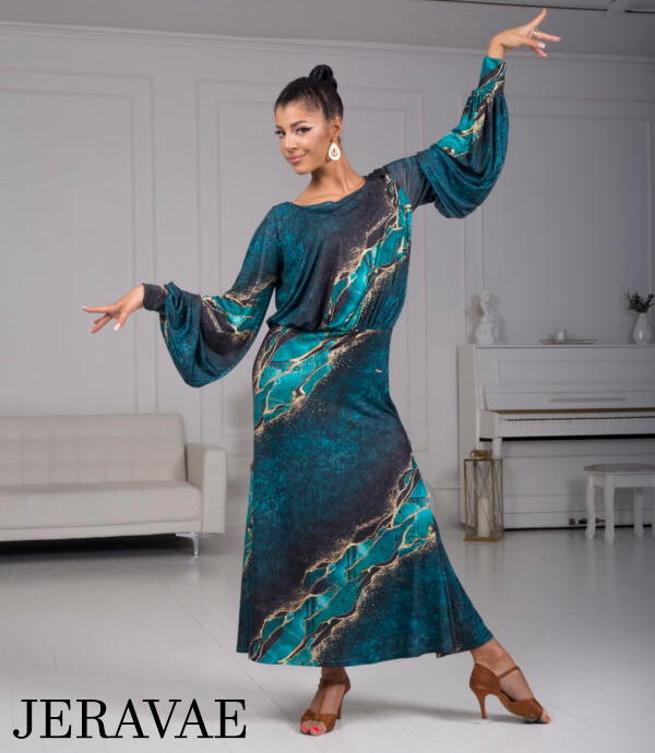 Body Positive Senga Dancewear TRIBAL Turquoise and Gold Pattern Ballroom Practice Dress with Lantern Sleeves and Elastic Waistline in Sizes XL-4XL PRA 968 in Stock