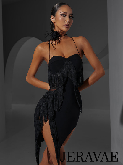 ZYM Dance Style Fiery Fringe Dress #2339 Black Latin Practice Dress with Layered Fringe and Open Back PRA 1028 in Stock