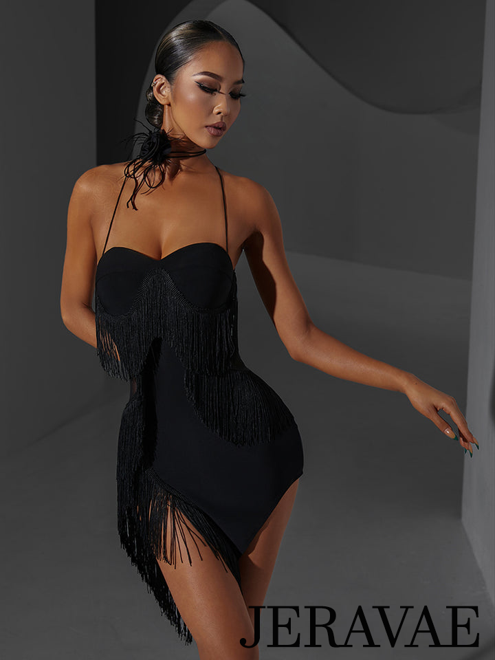 ZYM Dance Style Fiery Fringe Dress #2339 Black Latin Practice Dress with Layered Fringe and Open Back PRA 1028 in Stock