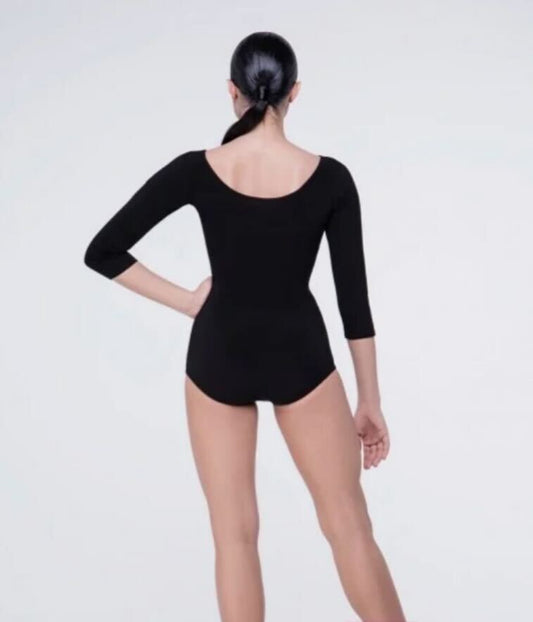 Black Leotard Women's 3/4 Sleeves Bodysuit Pra 936