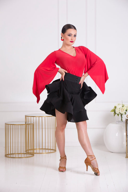 Red top and black Latin skirt