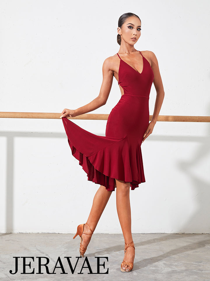 ZYM Dance Style Tango Girl Dress #2238 Wine Red Latin Practice Dress with V-Neckline and Cross Straps on Open Back PRA 1026 in Stock
