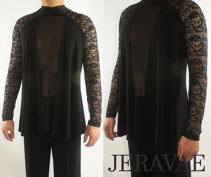 Men's Tuck Out Latin Dance Shirt with Mesh Front and Lace Sleeves in Brown or Black M095 in Stock