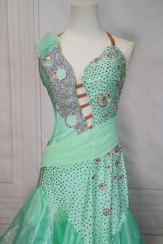 Bright Light Green Latin Dress with Full Skirt and Swarovski Stones LAT036 sz Large