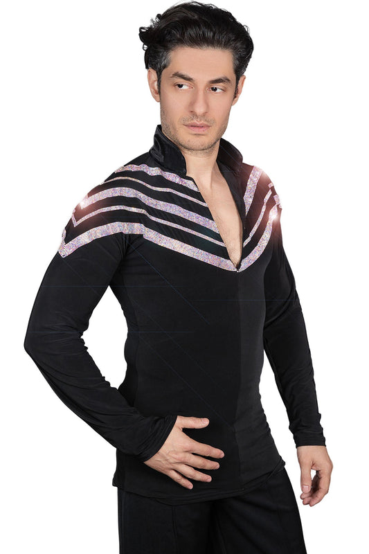 Men's rhinestone Latin dancing shirt with V-neck