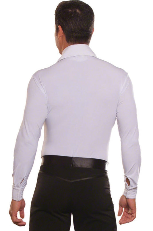 Back of men's white Latin or ballroom dance shirt