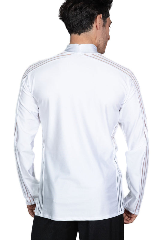 Back of men's white striped inset ballroom tunic