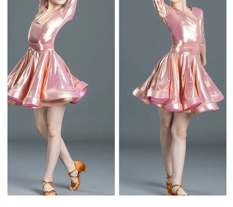 Girl's Practice or Competition Shiny Pink Latin Dress with Half Sleeves and Removable Belt You033 in Stock