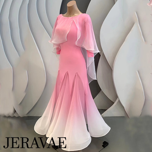 Pink to White Ombré Ballroom Practice Dress with 3/4 Length Sleeves, Capelet, and Ribbon Tie on Back PRA 1016_SALE