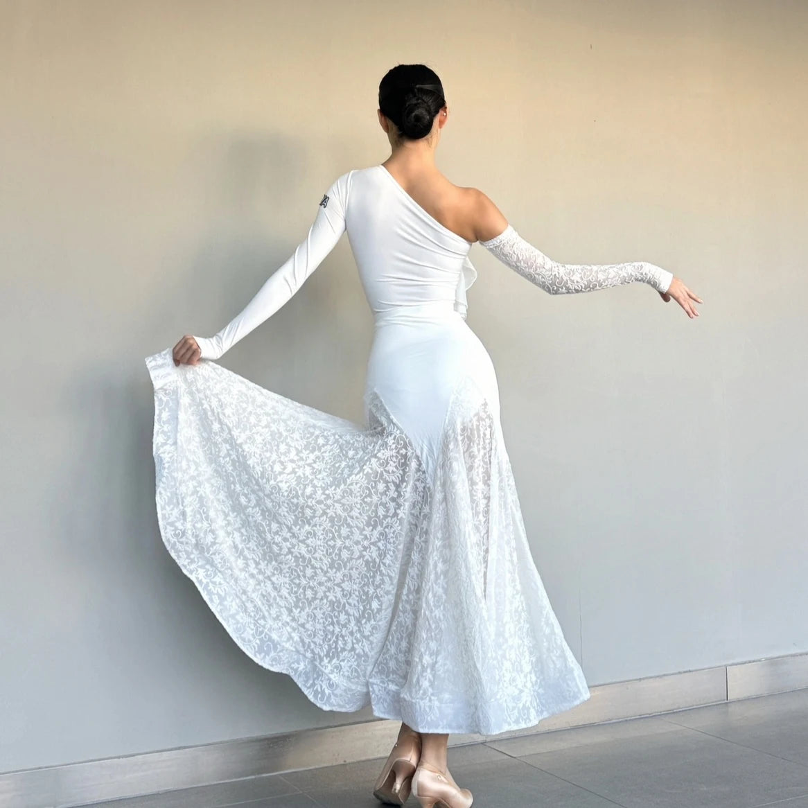 Women's White Lace Ballroom Dress with Irregular Sleeves Pra 1482