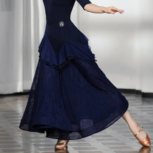 Women's Long Black Ballroom Dress with Mesh Detail and Horsehair Hem Pra 1413