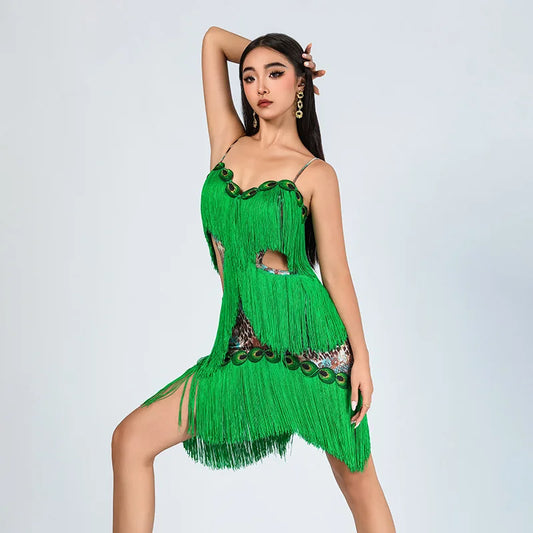 Latin Dance Dress with Multi-Layer Green Tassels Pra 1434