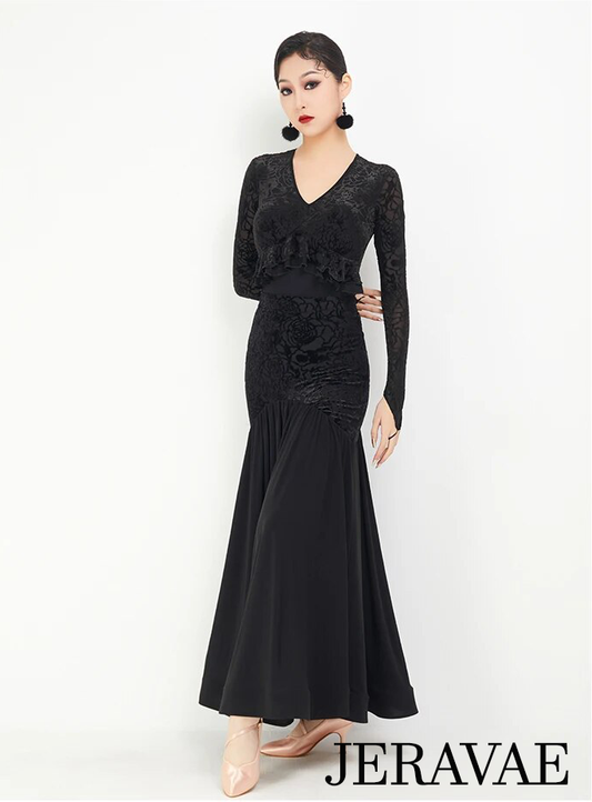 black ballroom skirt with velvet pattern and wrapped horsehair hem