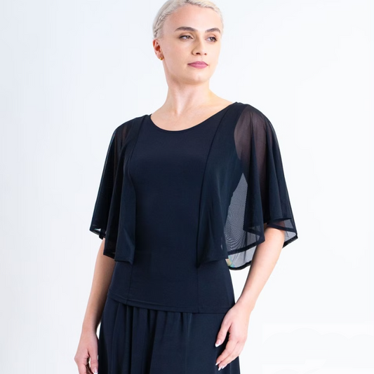 Black Ballroom Practice Top with Butterfly Stretch Mesh Sleeves