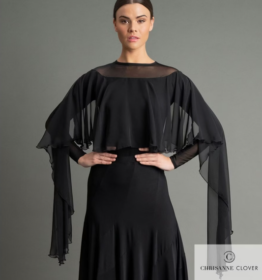 Long Sleeve Black Ballroom Practice Top with Georgette Cape and Stretch Net Flowing Features