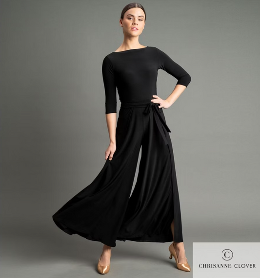 Chrisanne Clover Black Jumpsuit with Slits in Flared Legs, 3/4 Length Sleeves, and V-Neck on Back