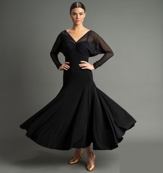 Black Ballroom Practice Dress with Rouched V-Neck Stretch Net Top