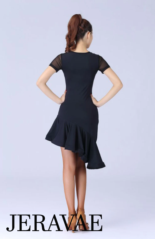 Short Mesh Sleeve Black Latin Practice Dress with Asymmetrical Ruffle Hem PRA 1084_sale