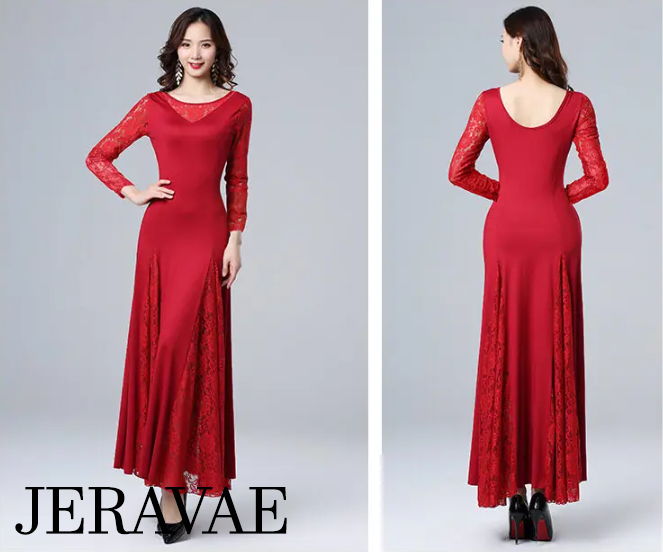 Ballroom Practice Dress with Long Lace Sleeves and Gussets PRA 1085_SALE