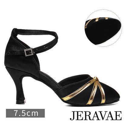 black ballroom shoes with gold trim and 3 inch heel