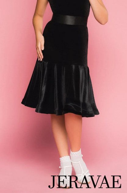 Girl's Two Piece Sleeveless Black Velvet Bodysuit with Satin Collar and Matching Latin Skirt You038 in Stock