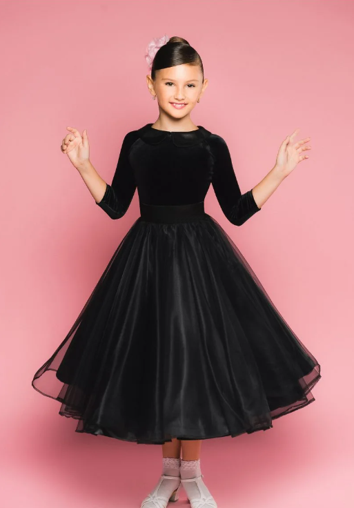 Girl's Two Piece Black Velvet Bodysuit with 3/4 Sleeves and Tulle Ballroom Skirt You039 in Stock