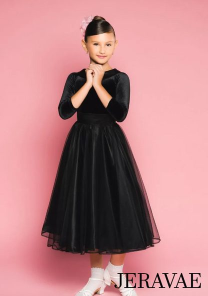 Girl's Two Piece Black Velvet Bodysuit with 3/4 Sleeves and Tulle Ballroom Skirt You039 in Stock