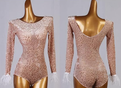 Leopard Print Feather Sleeves Bodysuit Pra 714_SALE