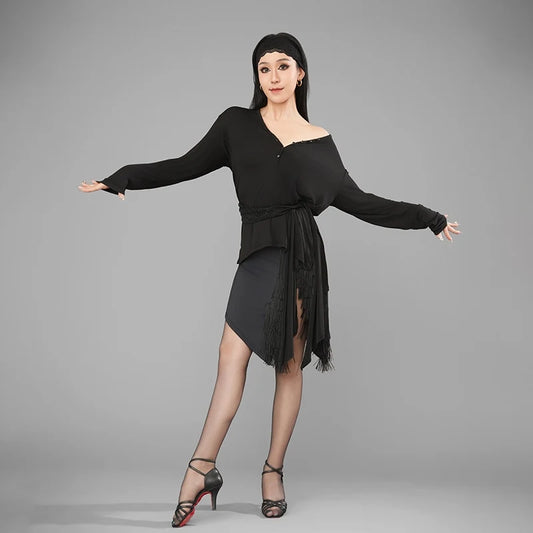 Latin Dance Skirt for Women with Black Fringe and Slit Pra 1449