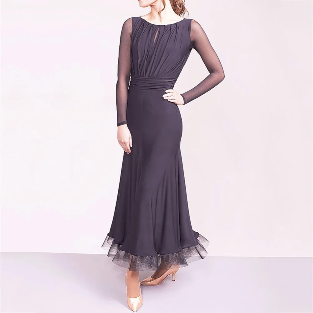 Black Ballroom Practice Dress with Long Mesh Sleeves and Crinoline Skirt Hem PRA 1087 in Stock