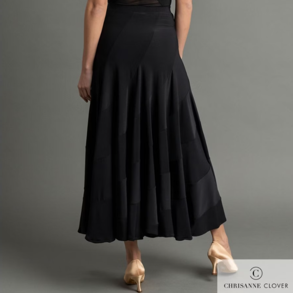 Chrisanne Clover LUNA Long Black Ballroom Practice Skirt with Spiral Panels PRA 1057 in Stock