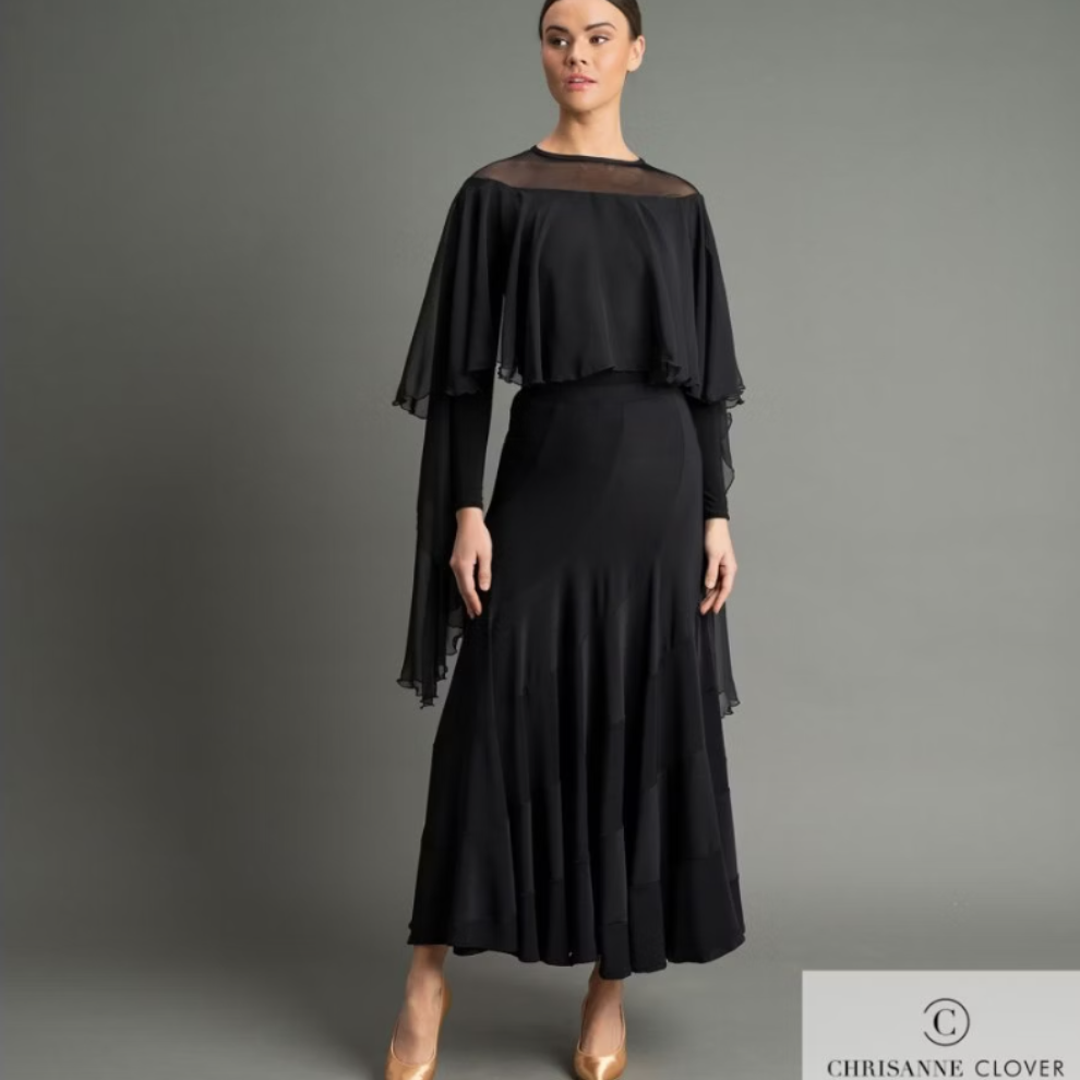 Chrisanne Clover ISLA Long Sleeve Black Ballroom Practice Top with Georgette Cape and Stretch Net Flowing Features PRA 1058 in Stock