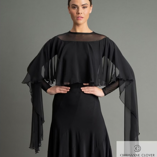 Chrisanne Clover ISLA Long Sleeve Black Ballroom Practice Top with Georgette Cape and Stretch Net Flowing Features PRA 1058 in Stock