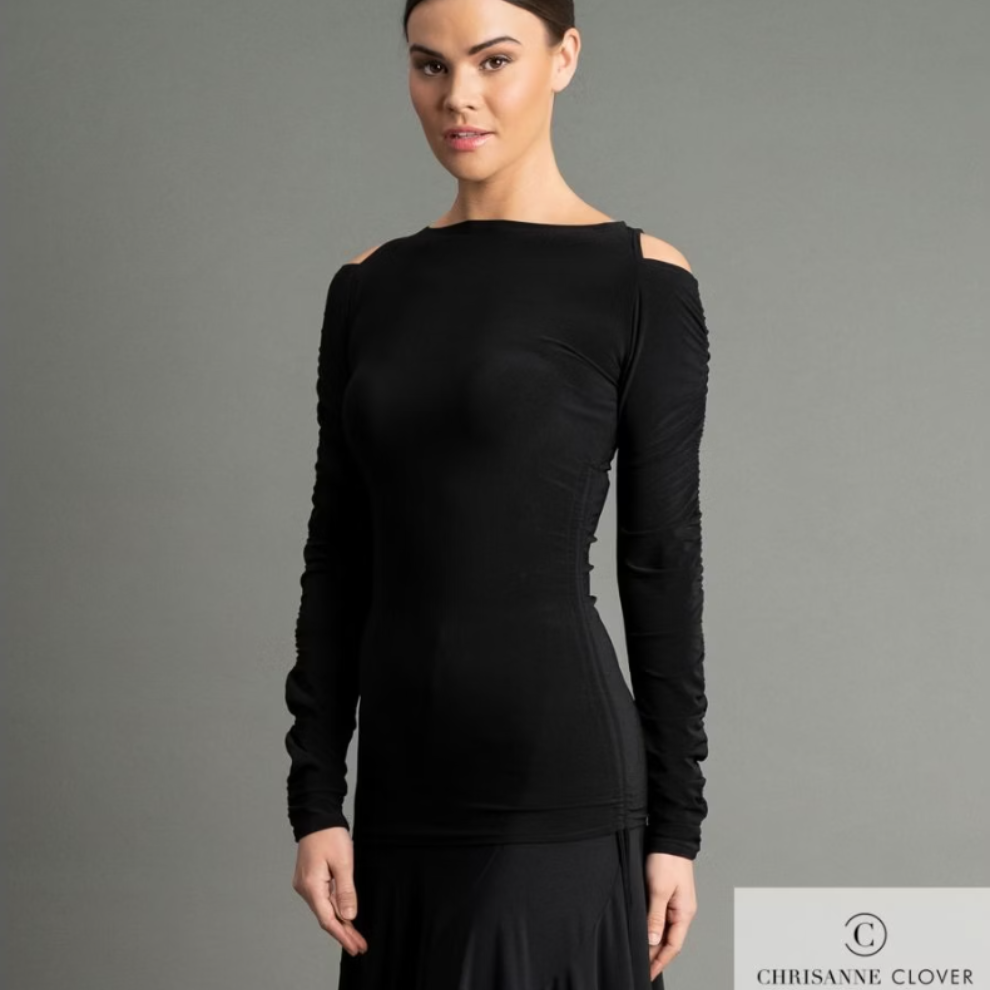 Chrisanne Clover OLIVIA Black Cold Shoulder Practice Top with Rouching, Adjustable Ties, and Keyhole Back PRA 1051 in Stock