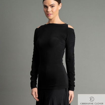 Chrisanne Clover OLIVIA Black Cold Shoulder Practice Top with Rouching, Adjustable Ties, and Keyhole Back PRA 1051 in Stock
