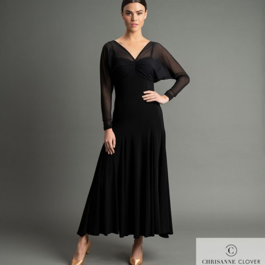 Chrisanne Clover ELLA Black Ballroom Practice Dress with Rouched V-Neck Stretch Net Top PRA 1061 in Stock
