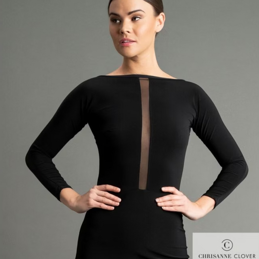 Chrisanne Clover KIRA Black Latin Practice Dress with Sheer Stretch Net Center Panel and Keyhole Back PRA 1059 in Stock