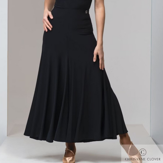 Chrisanne Clover CIA Long Black Ballroom Practice Skirt with Asymmetric Panel, Elastic Waistband, and Soft Hem PRA 953 in Stock