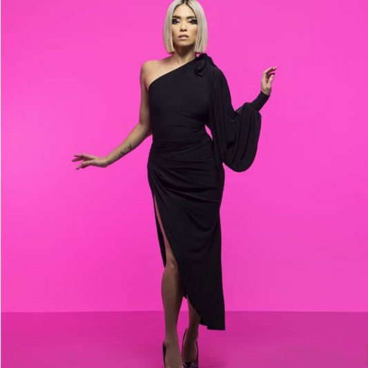 Chrisanne Clover ELIZABETH Black Latin Practice Dress with Single Long Puff Sleeve, High Side Slit, and Versatile Shoulder Tie PRA 941 in Stock